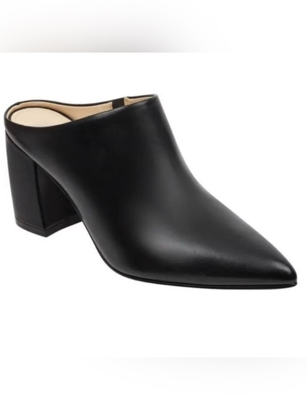 Marc Fisher Black Pointed Leather Mule with Block Heel